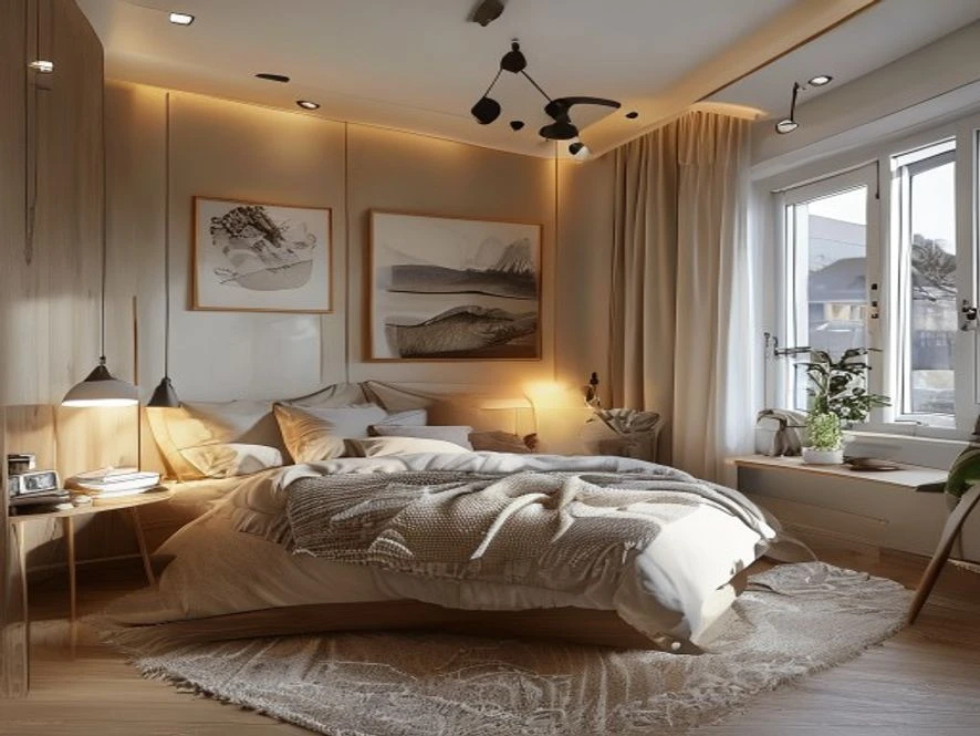 Thiết kế nội thất phòng ngủ 12m2 phong cách Scandinavian nhiều ánh sáng