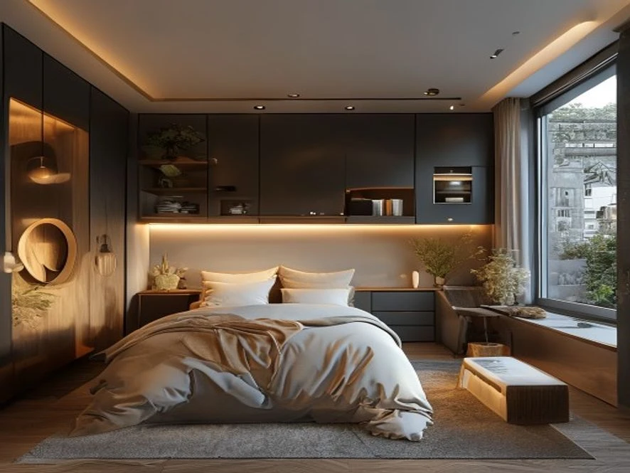 Thiết kế nội thất phòng ngủ 16m2 kết hợp bếp nhỏ