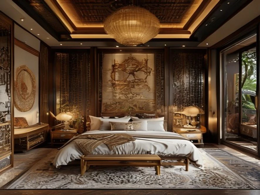 Thiết kế nội thất phòng ngủ 25m2 phong cách Indochine đậm chất Á Đông