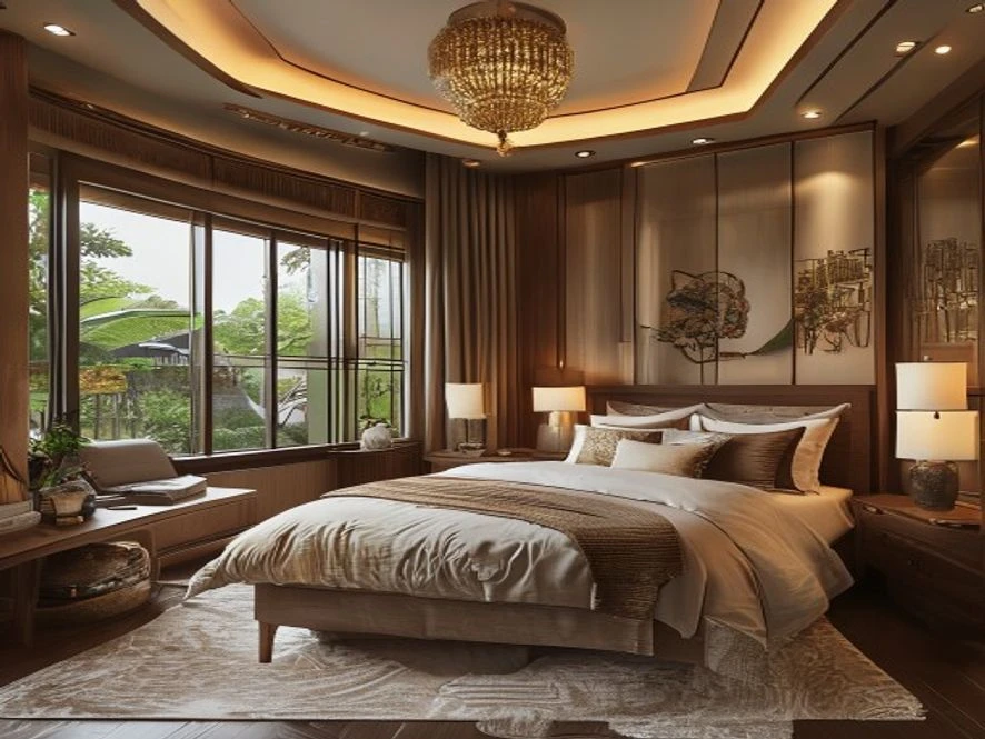 Thiết kế nội thất phòng ngủ 30m2 phong cách Indochine Á Đông