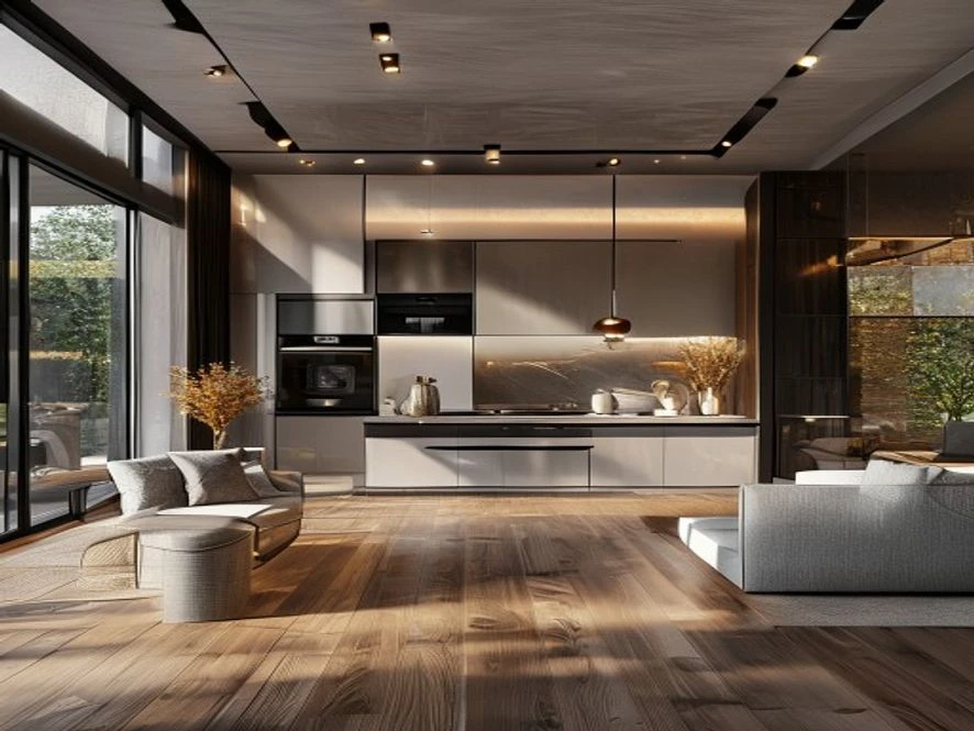 Thiết kế phòng bếp liền kề phòng khách 15m2 hiện đại