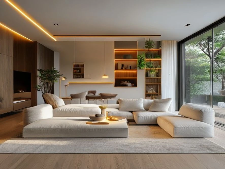 thiết kế phòng khách 20m2 tối giản thông minh với nội thất đa năng