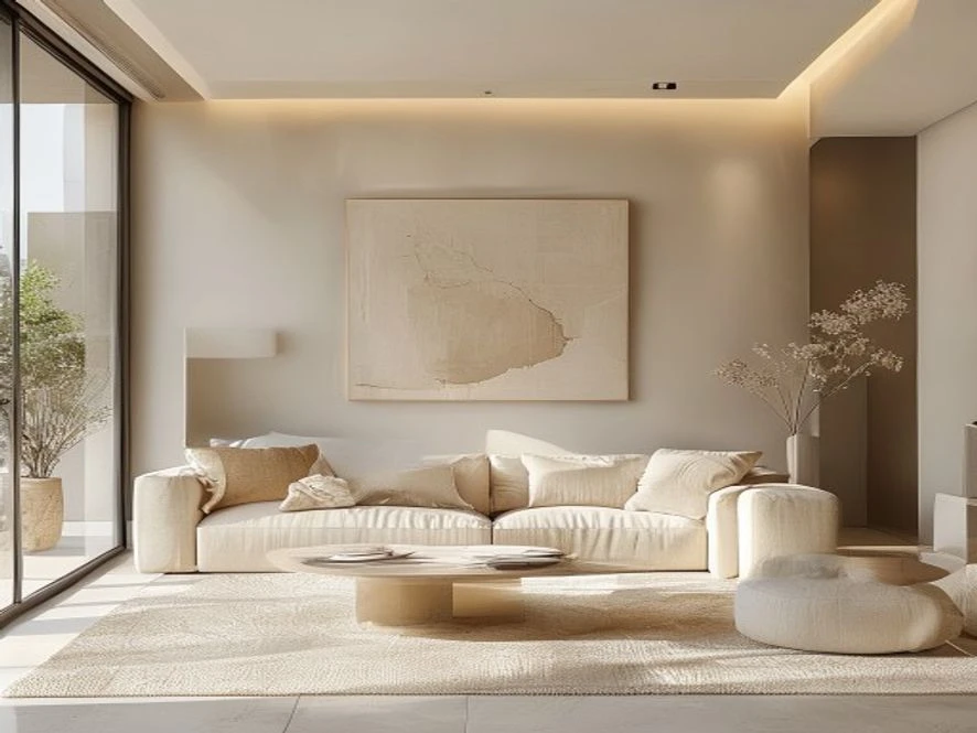 thiết kế phòng khách 25m2 tối giản với tông màu trắng be