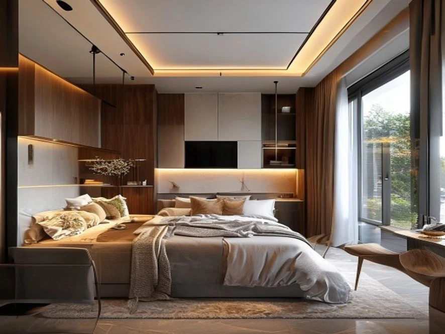 Tích hợp khu vực bếp cho mẫu nội thất phòng ngủ 16m2 đẹp