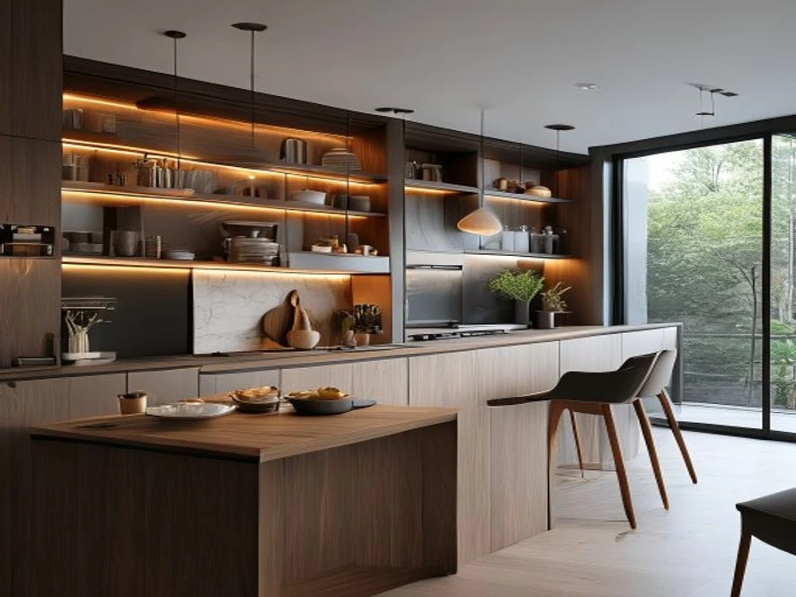 Tủ bếp chữ L thông minh cho nội thất phòng bếp 12m2 tiện nghi