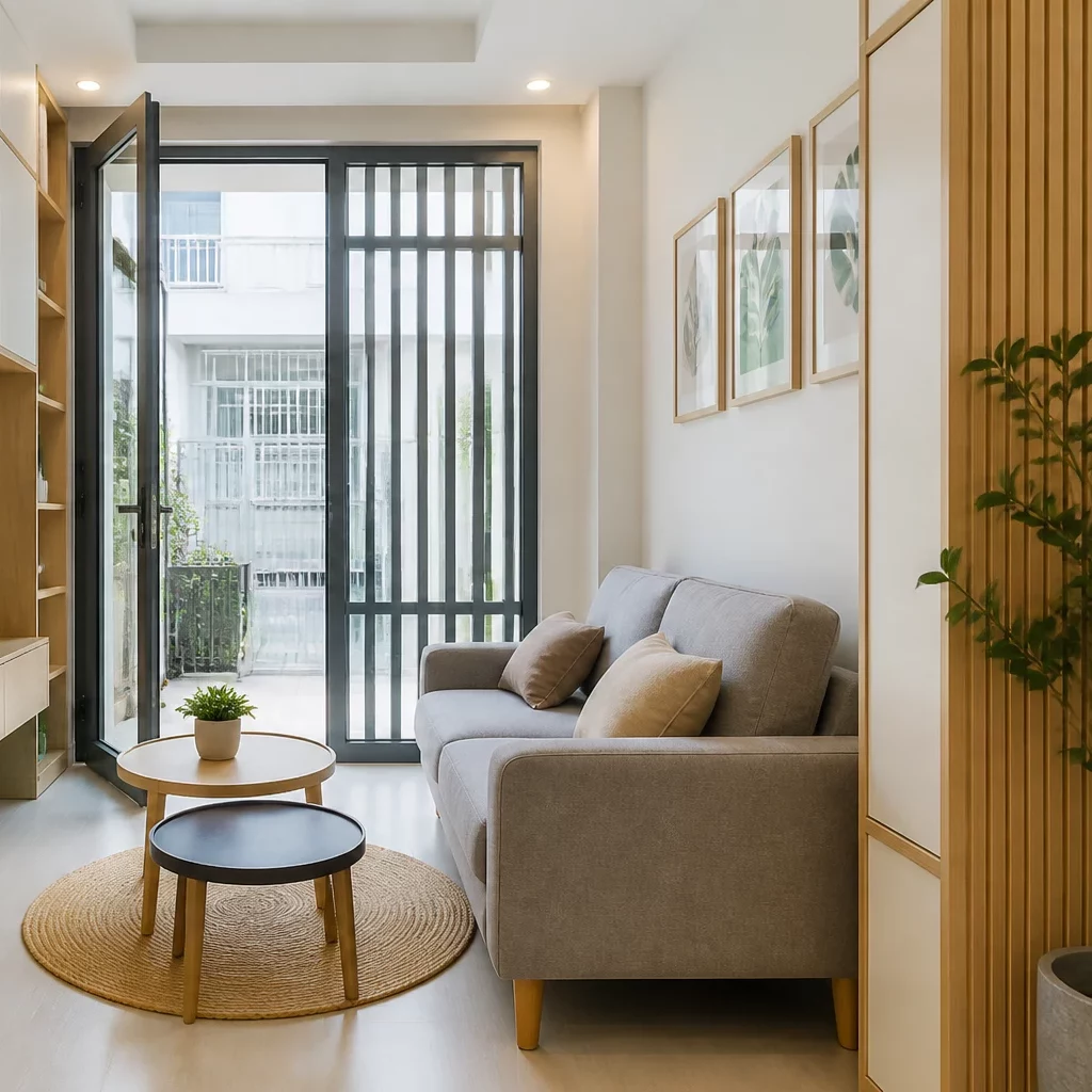Giá thiết kế nội thất: phòng khách tối giản với sofa đa năng.