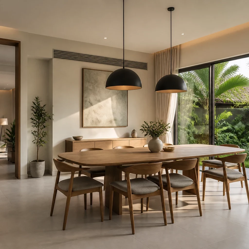 Không gian nội thất tối giản với lò sưởi đá, sàn gỗ và view núi, giá thiết kế nội thất.
