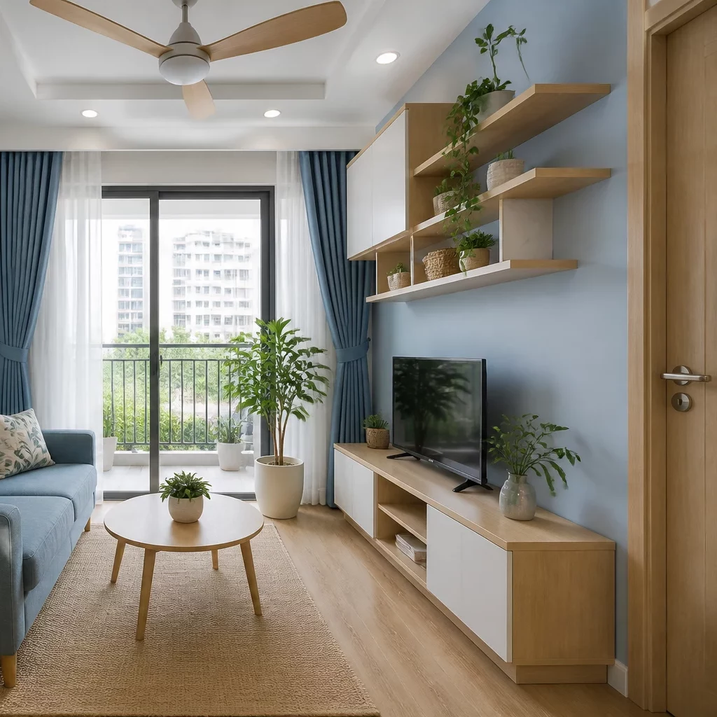 Phòng khách chung cư với sofa xanh và hồng, cửa kính view city.