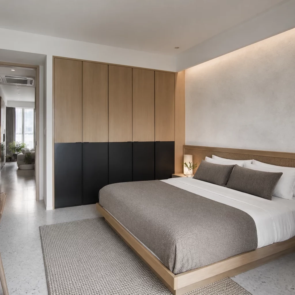 Phòng ngủ gỗ tự nhiên view tuyết, báo giá nội thất chung cư tối giản.