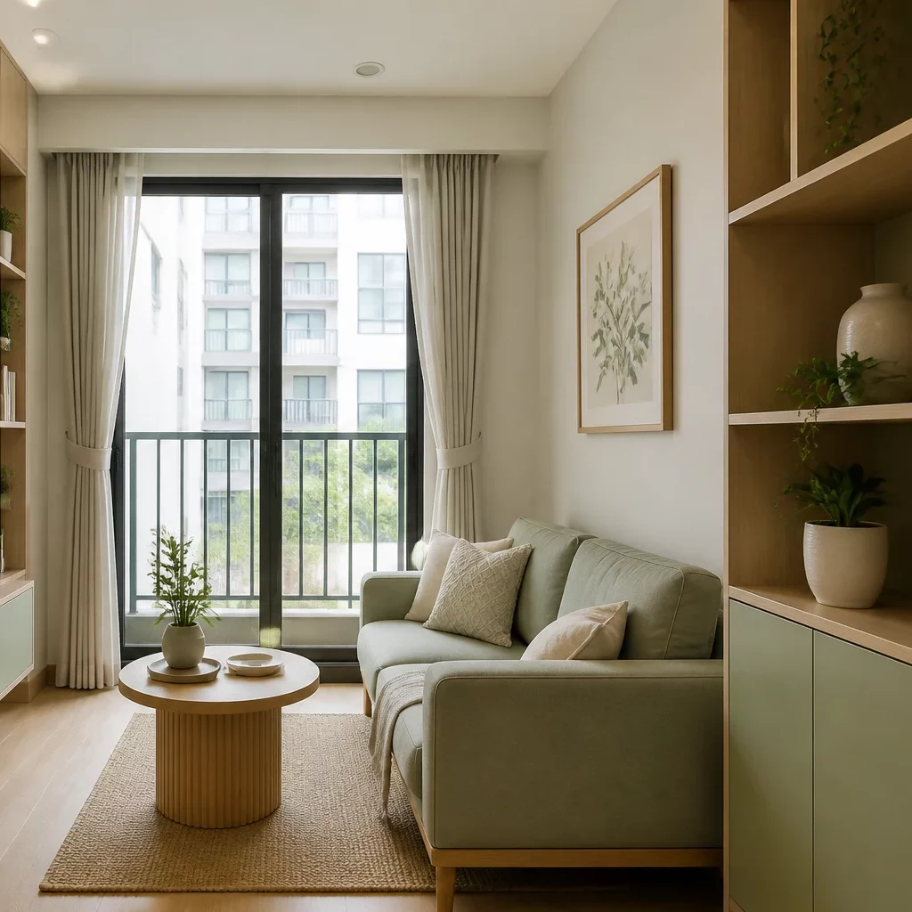 Phòng khách tối giản với sofa trắng và ghế gỗ.