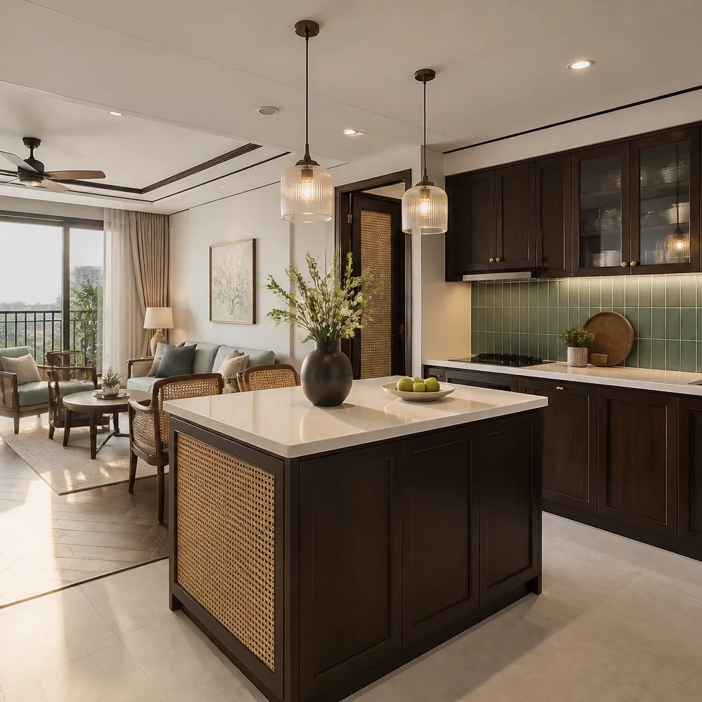 Bếp chung cư hiện đại với tủ trắng, đảo gỗ và đèn thả.