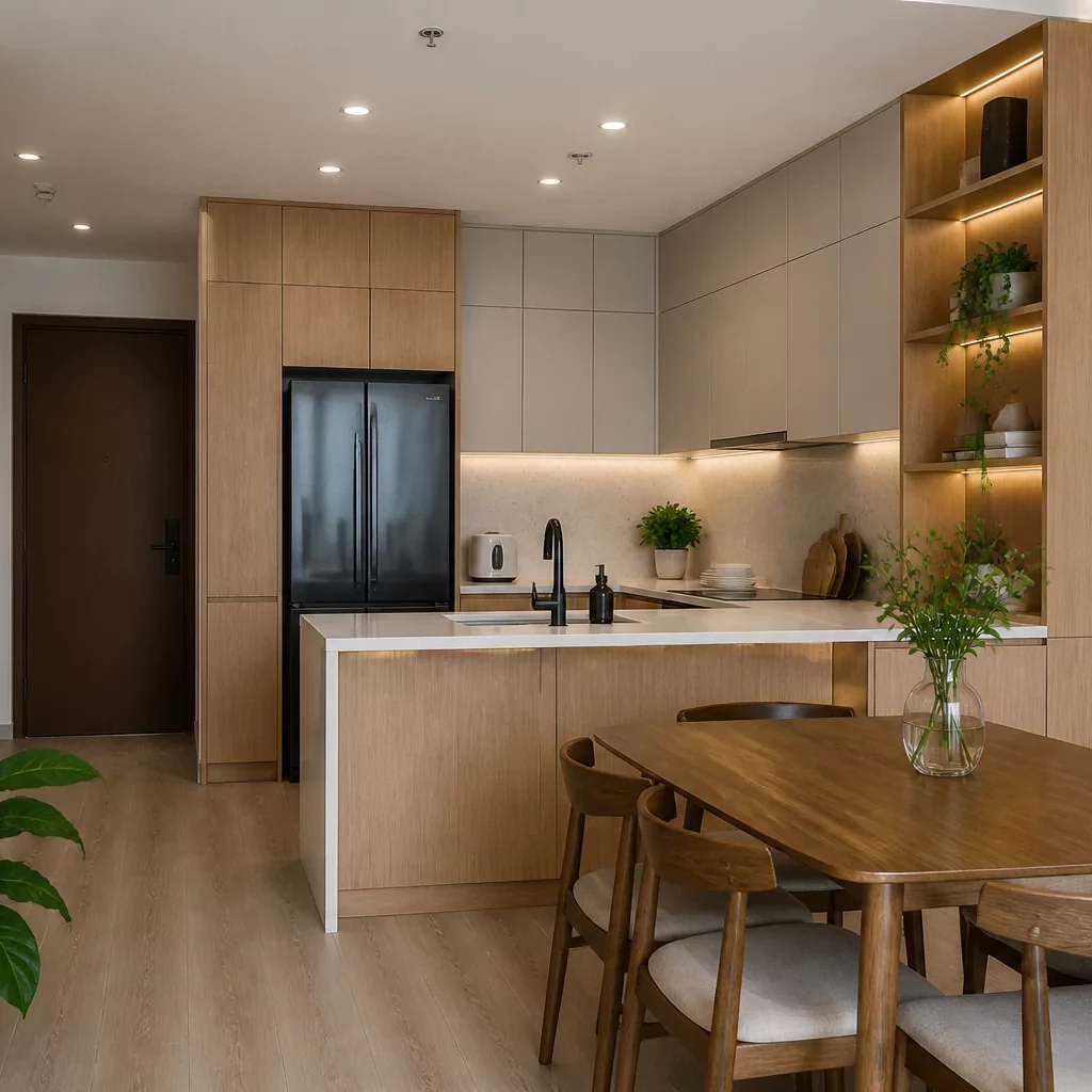 Bếp gỗ hiện đại với mặt đá marble và đèn treo.