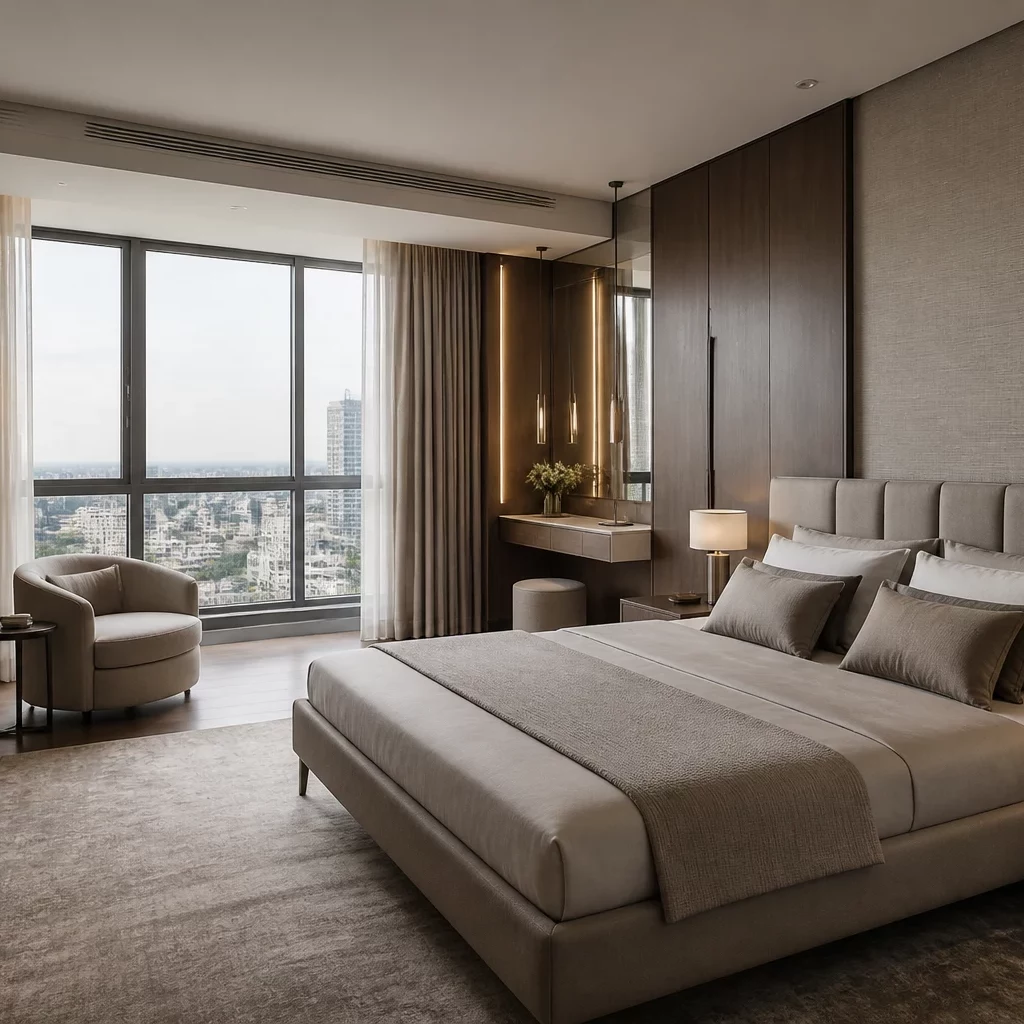 Phòng ngủ chung cư thiết kế thông minh với view city.