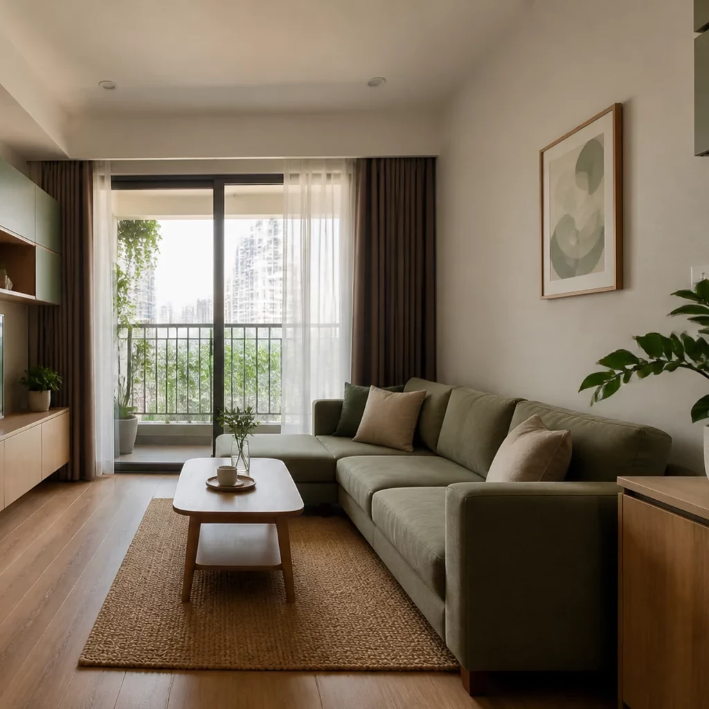 Phòng khách hiện đại với cửa kính lớn và cây xanh.