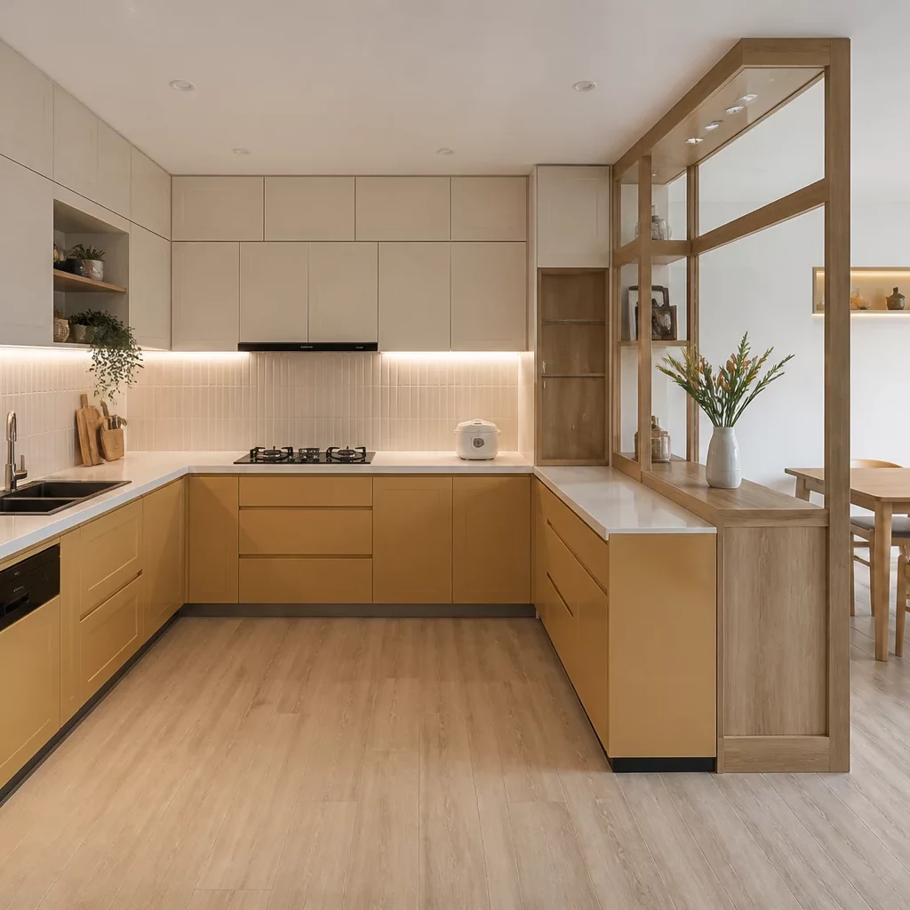 Báo giá nội thất chung cư: Bếp hiện đại với đá cẩm thạch và tay nắm vàng.