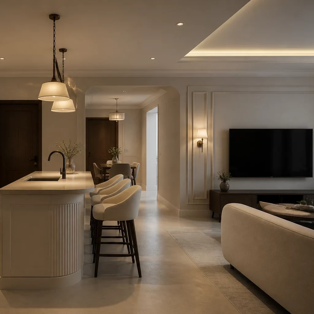 Bếp gỗ sang trọng với đá cẩm thạch và vòi nước cổ điển.