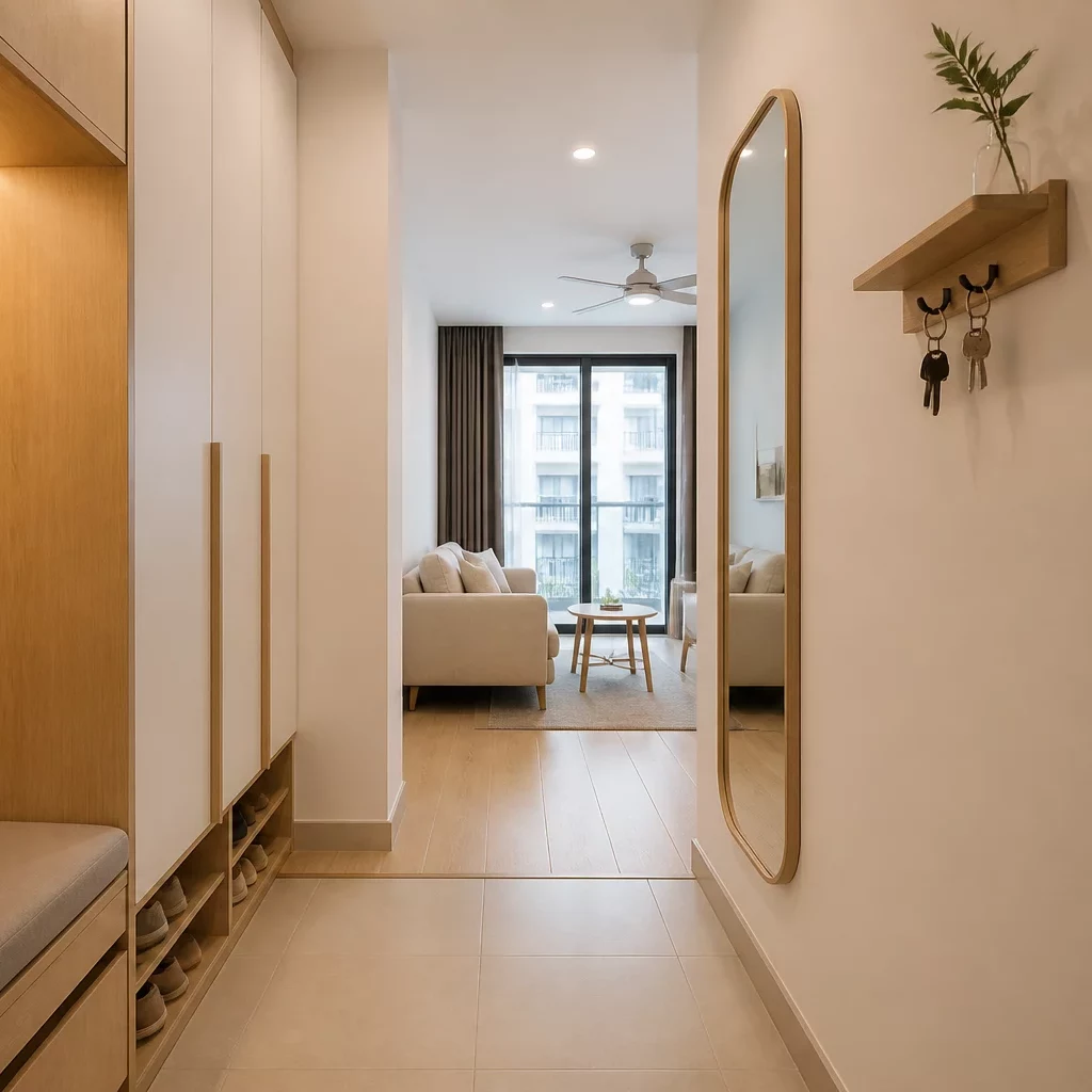 Bếp chung cư hiện đại với tủ trắng, đá marble và view thành phố.