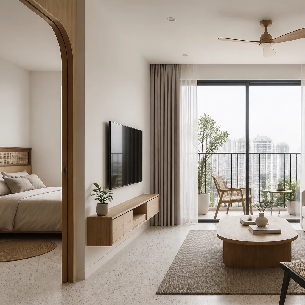 Phòng khách chung cư thiết kế tối giản với sofa và tivi.