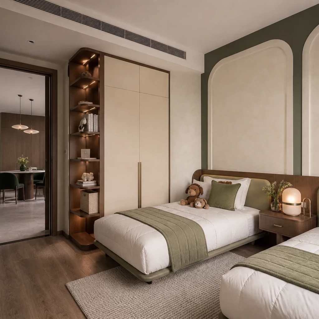 Báo giá nội thất chung cư: phòng ngủ tối giản với gam màu be nhạt và chất liệu gỗ tự nhiên.