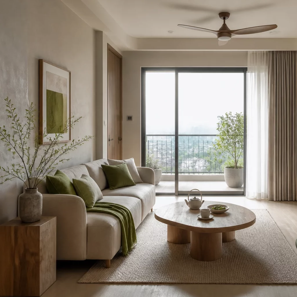 Báo giá nội thất chung cư: phong cách Japandi với rèm vải và đồ gỗ chạm khắc.