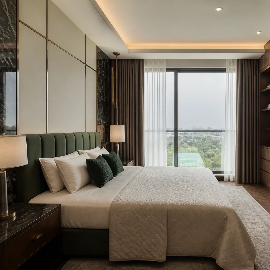 Báo giá nội thất chung cư: phòng ngủ gỗ sáng hiện đại view thành phố.