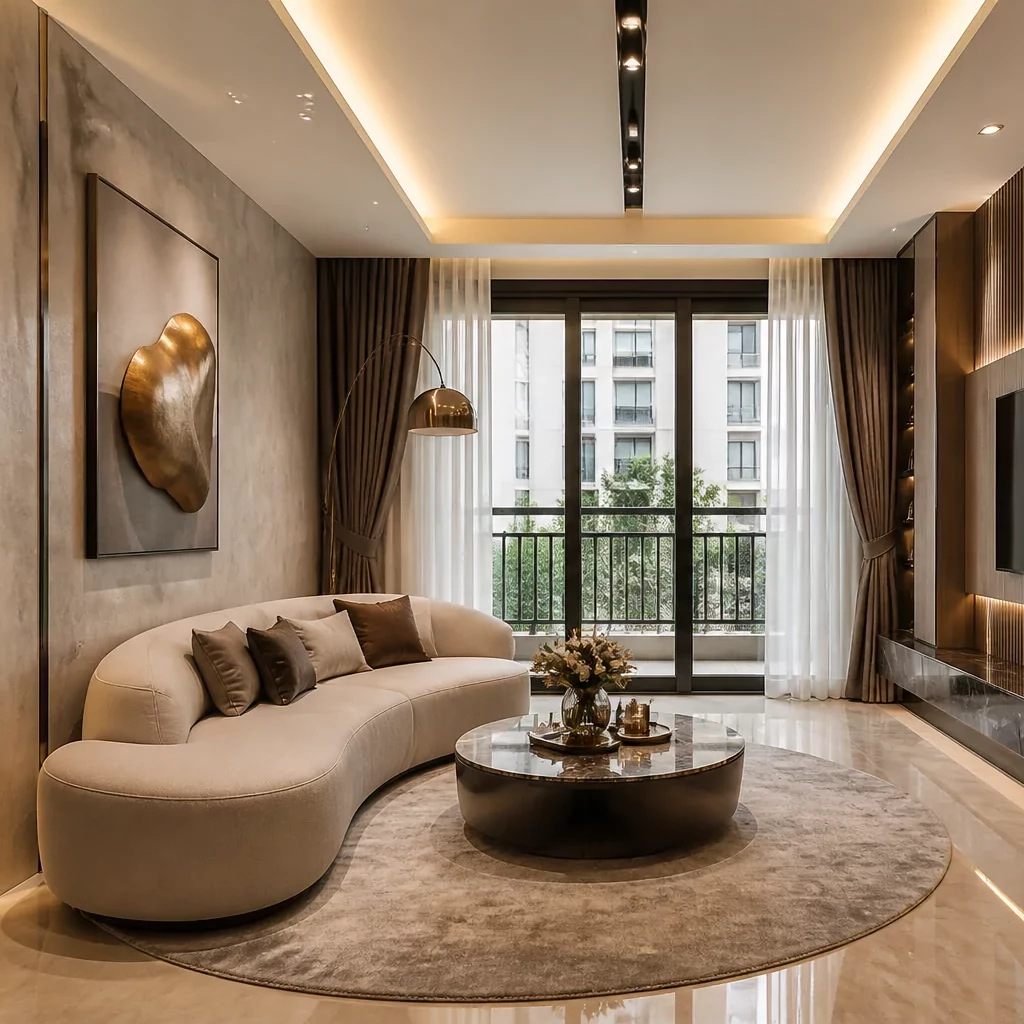 Các phong cách thiết kế nội thất: cổ điển sang trọng với sofa nhung và đèn chùm pha lê.