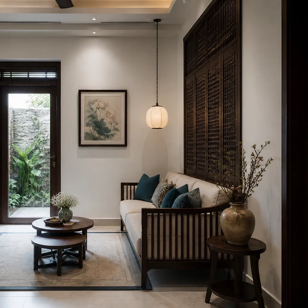 Tủ âm tường gầm cầu thang phòng khách đẹp phong cách Indochine