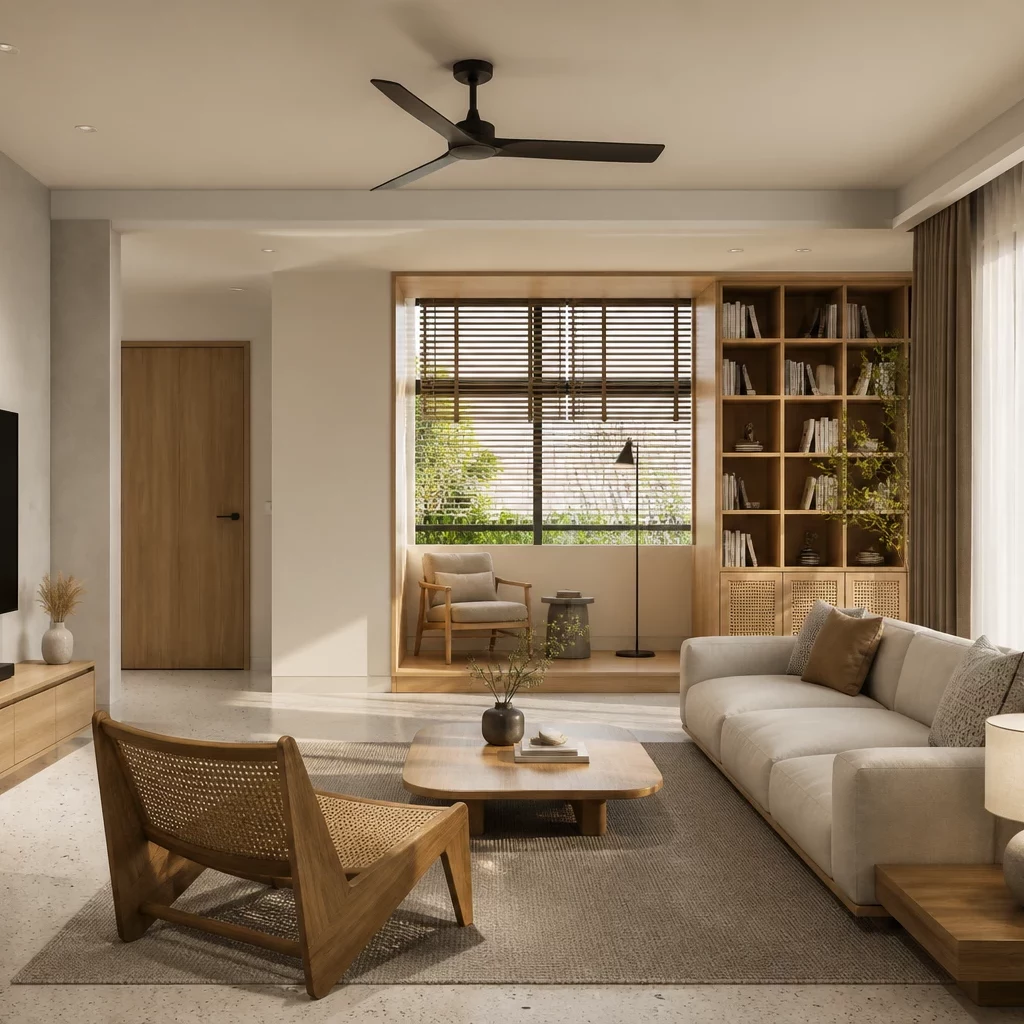 Cầu thang dọc phòng khách tối giản