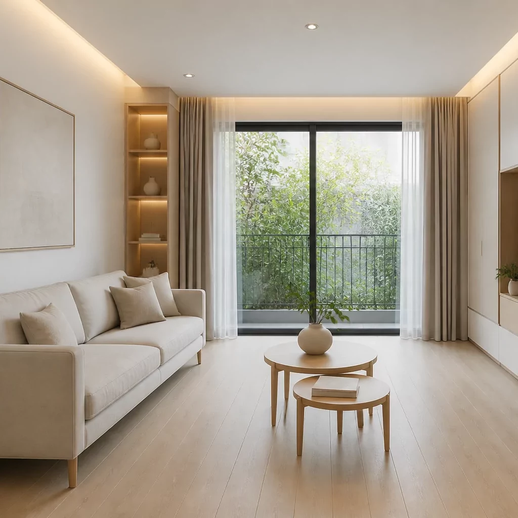Cầu thang phòng khách đẹp tối giản với lan can kính