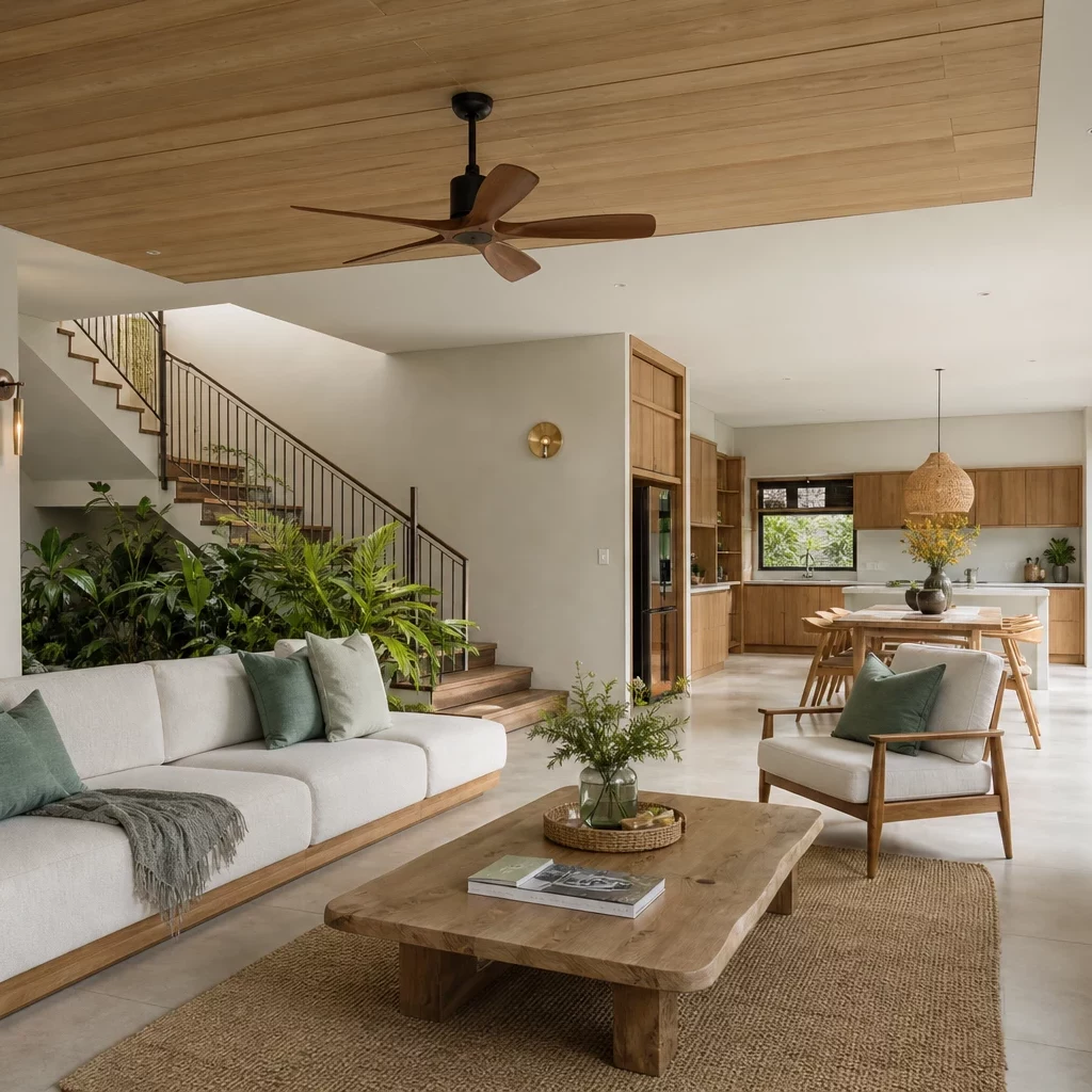 Cầu thang phòng khách đẹp phong cách Scandinavian sáng sủa