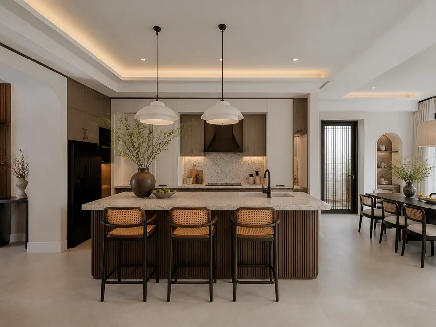 Mẫu nội thất phòng bếp 10m2 đẹp tổng quan thiết kế hiện đại