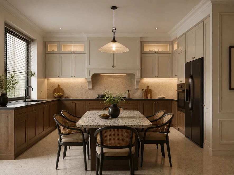 Mẫu nội thất phòng bếp 12m2 đẹp bố cục chữ L truyền thống