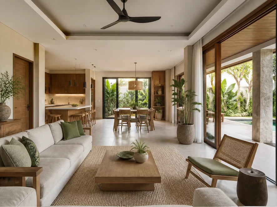 Bếp 15m2 liên thông phòng khách hiện đại