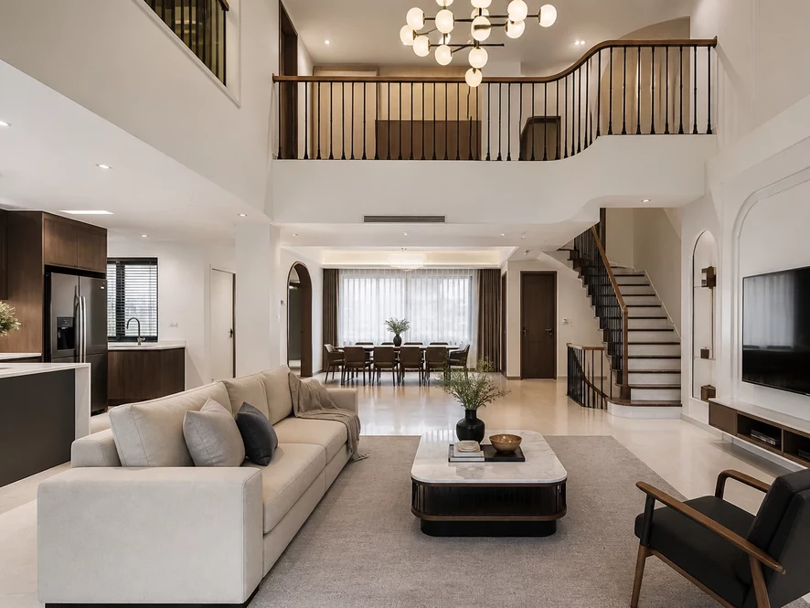 Mẫu nội thất phòng bếp 25m2 đẹp kết hợp phòng khách mở