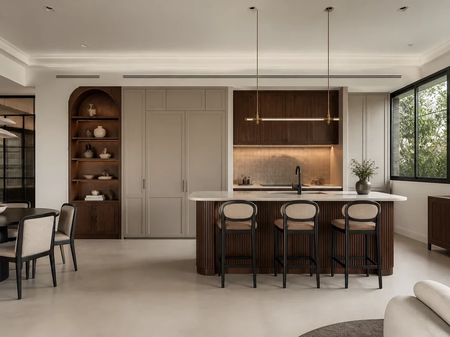 Mẫu nội thất phòng bếp 25m2 đẹp phong cách cổ điển với gỗ tự nhiên cao cấp
