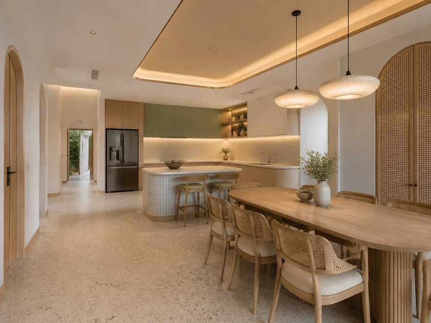 Mẫu nội thất phòng bếp 25m2 đẹp với vật liệu thông minh