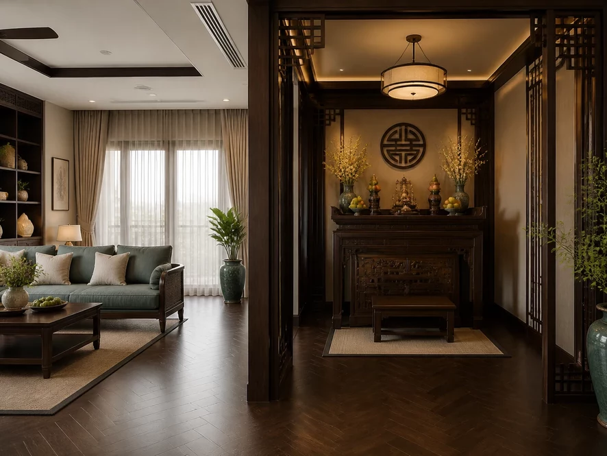 phong cách indochine mẫu nội thất phòng khách 15m2 đẹp