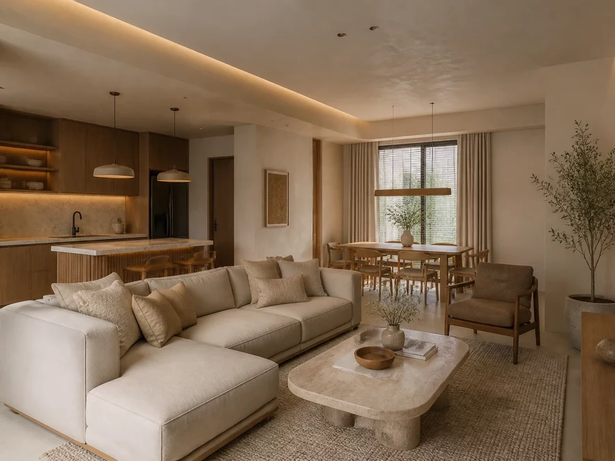 thiết kế bếp liên thông mẫu nội thất phòng khách 15m2 đẹp