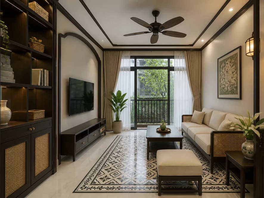 mẫu nội thất phòng khách 20m2 đẹp hiện đại với sofa góc và kệ tivi treo tường