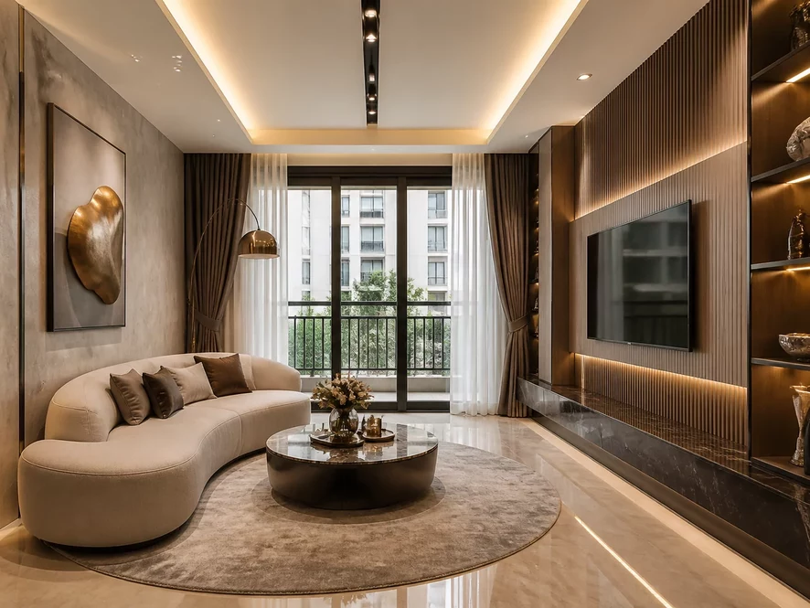 phòng khách 20m2 thẩm mỹ hiện đại sang trọng với tông màu trung tính