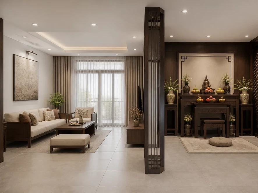 mẫu nội thất phòng khách 25m2 đẹp ban công kính