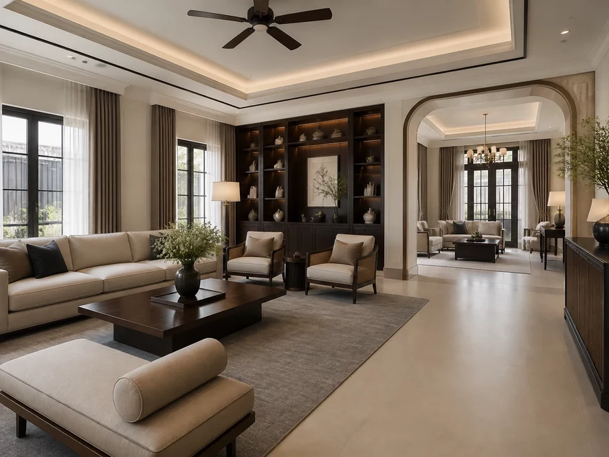 mẫu nội thất phòng khách 25m2 đẹp cửa phòng tắm ẩn