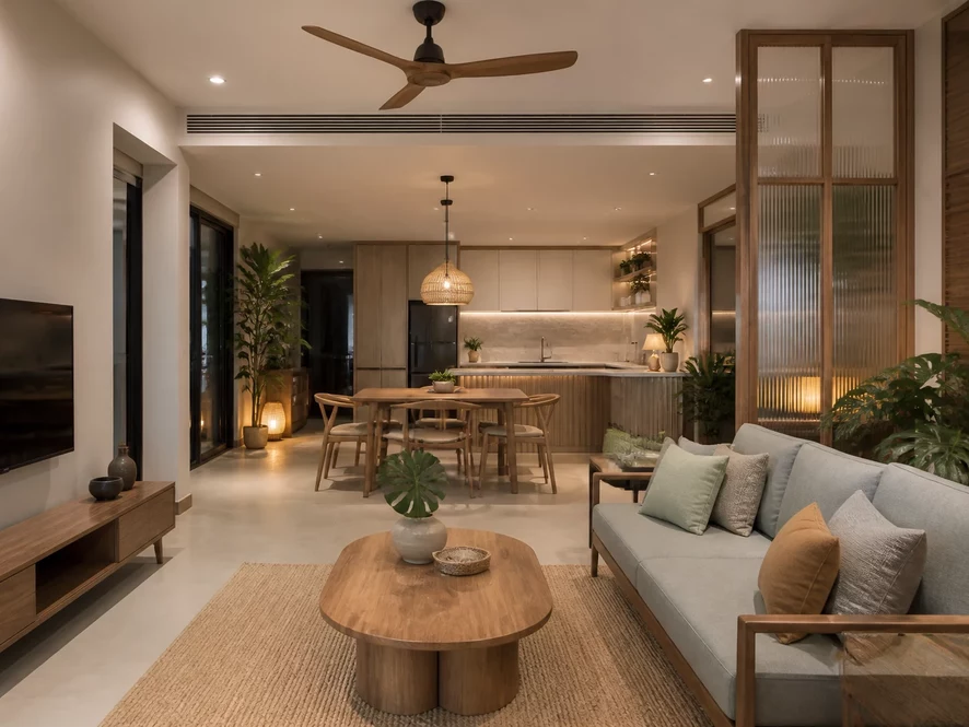 mẫu nội thất phòng khách 25m2 đẹp vật liệu thông minh