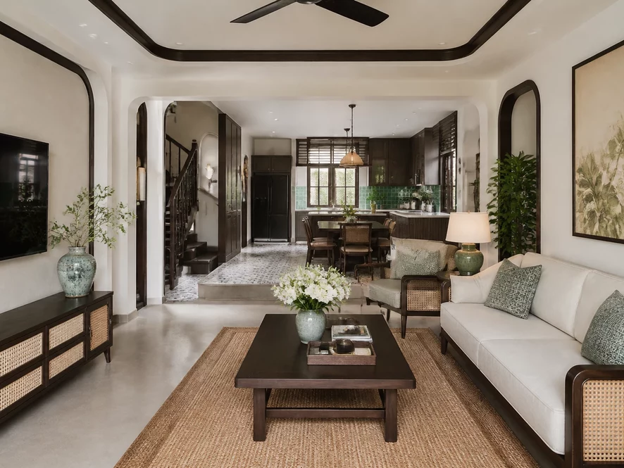 Phong cách Indochine trong mẫu nội thất phòng khách 40m2 đẹp