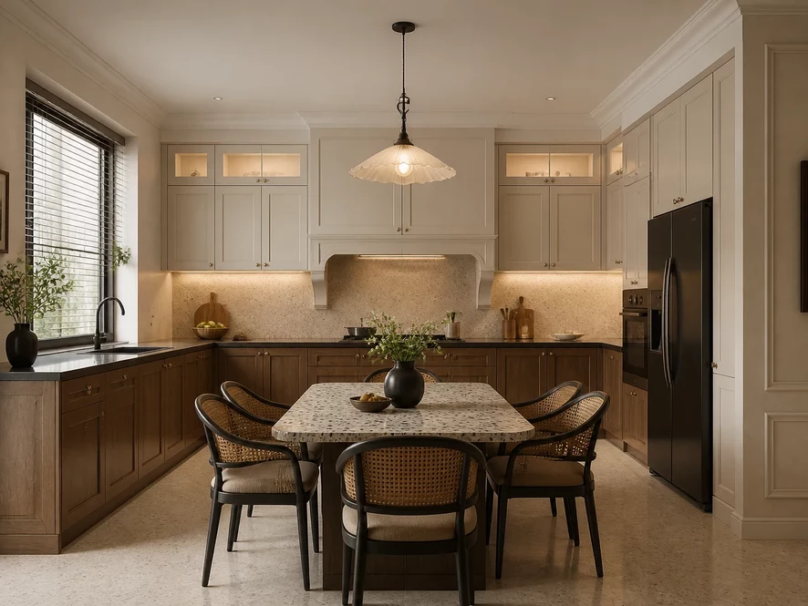 Thiết kế bếp chữ L trong mẫu nội thất phòng khách 40m2 đẹp
