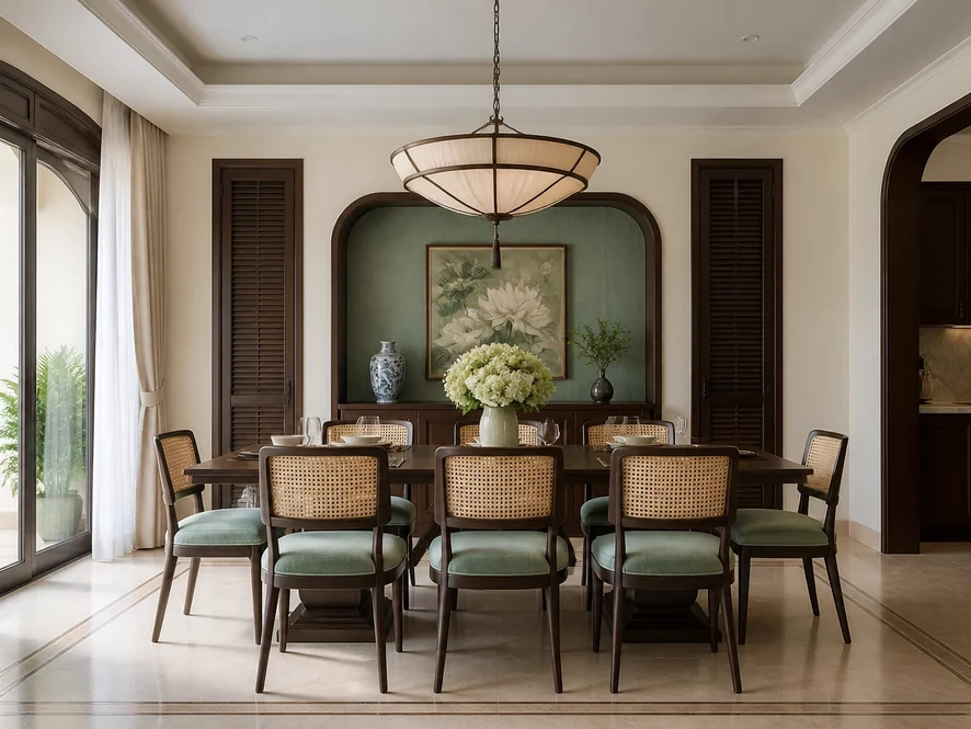 Chi tiết hoa văn Indochine trong mẫu nội thất phòng ngủ 15m2 đẹp