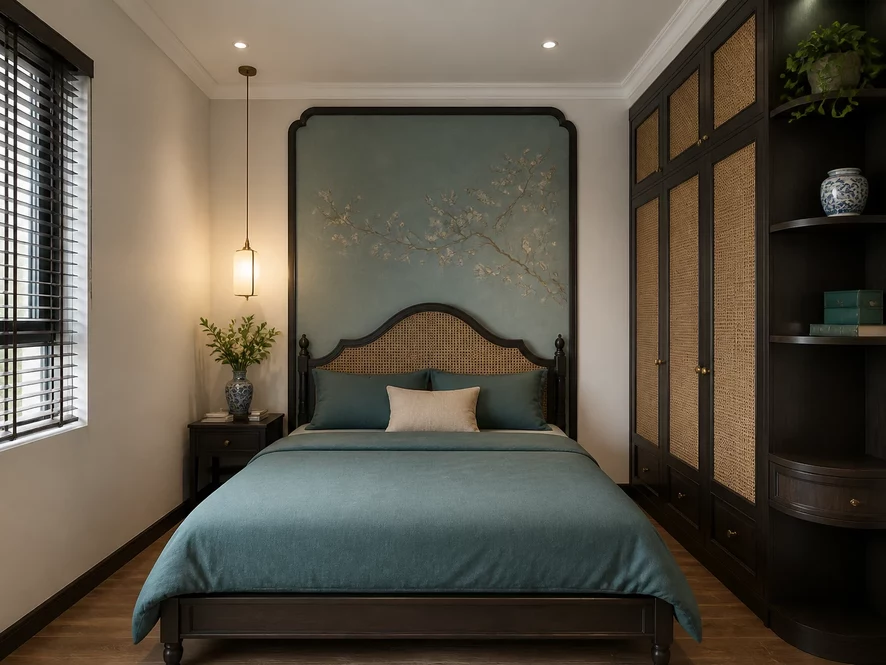 Kiểu dáng cổ điển Indochine trong mẫu nội thất phòng ngủ 16m2 đẹp