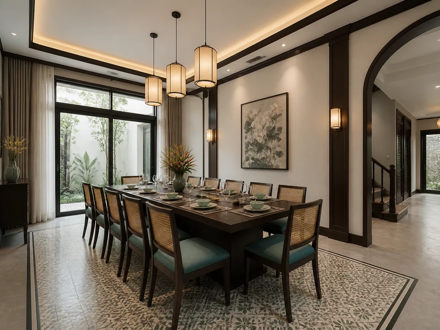 Không gian Indochine trong mẫu nội thất phòng ngủ 25m2 đẹp