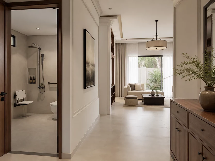 Phòng tắm diện tích nhỏ tiếp cận hiện đại trong mẫu nội thất phòng ngủ 25m2 đẹp