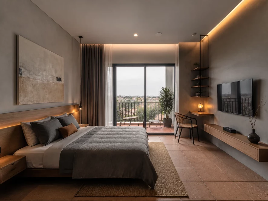Mẫu nội thất phòng ngủ 9m2 đẹp phong cách công nghiệp cá tính